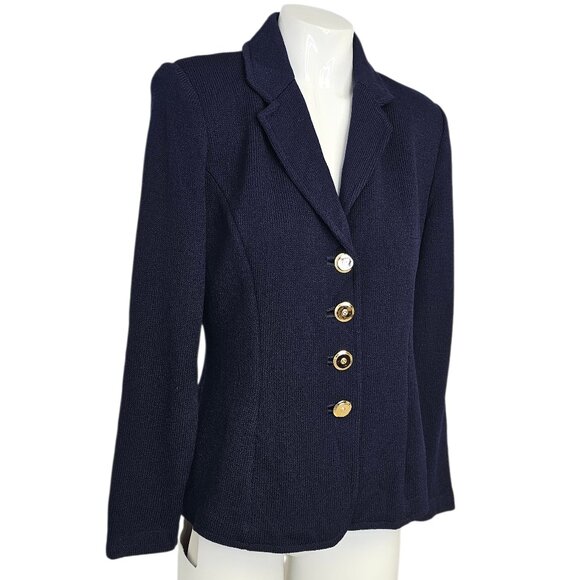 St. John Collection V-Neck Button Front Santana Knit Blazer, Classic, Blue, Sz 2 - Picture 2 of 11